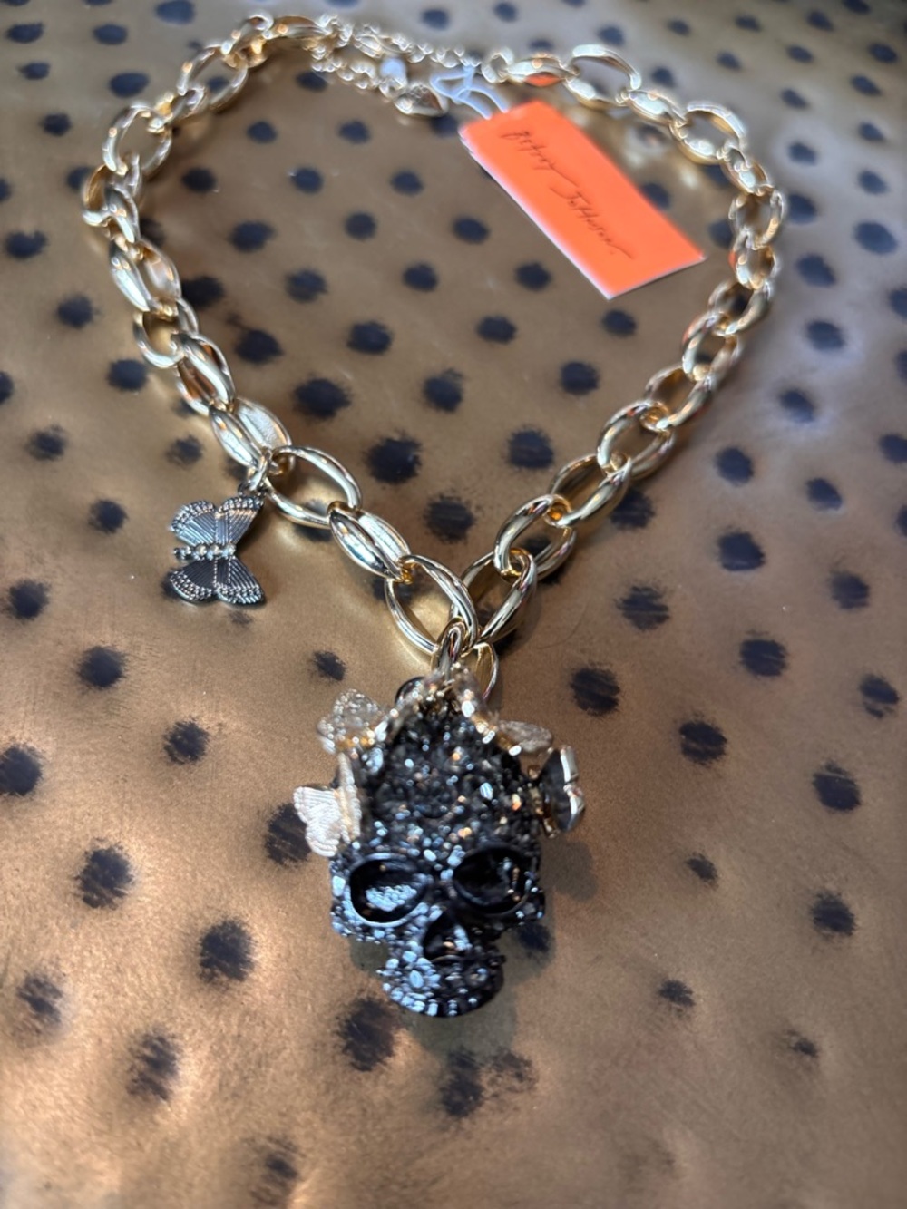 Betsey Johnson Gold-Tone Chain Necklace with Black Crystal Skull Charm